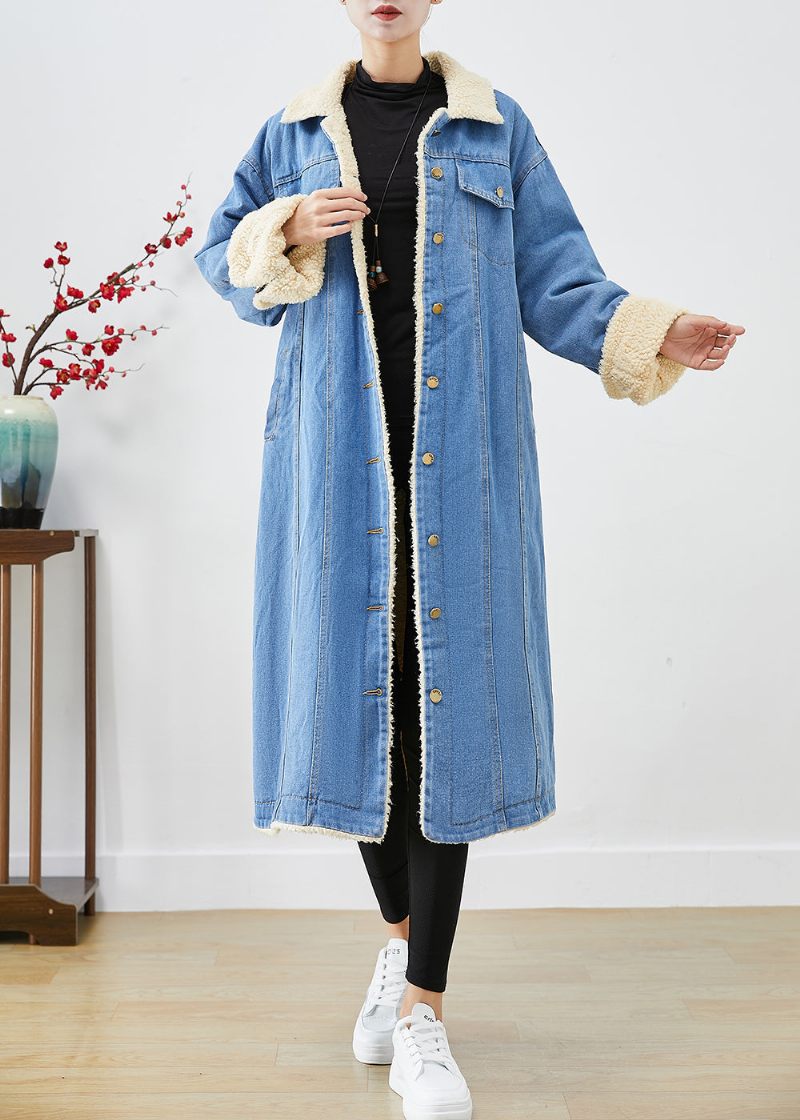 Bohemian Blue Oversized Tjock Fleece Ull Fodrad Denim Trench Coats Vinter - Ullrockar för kvinnor