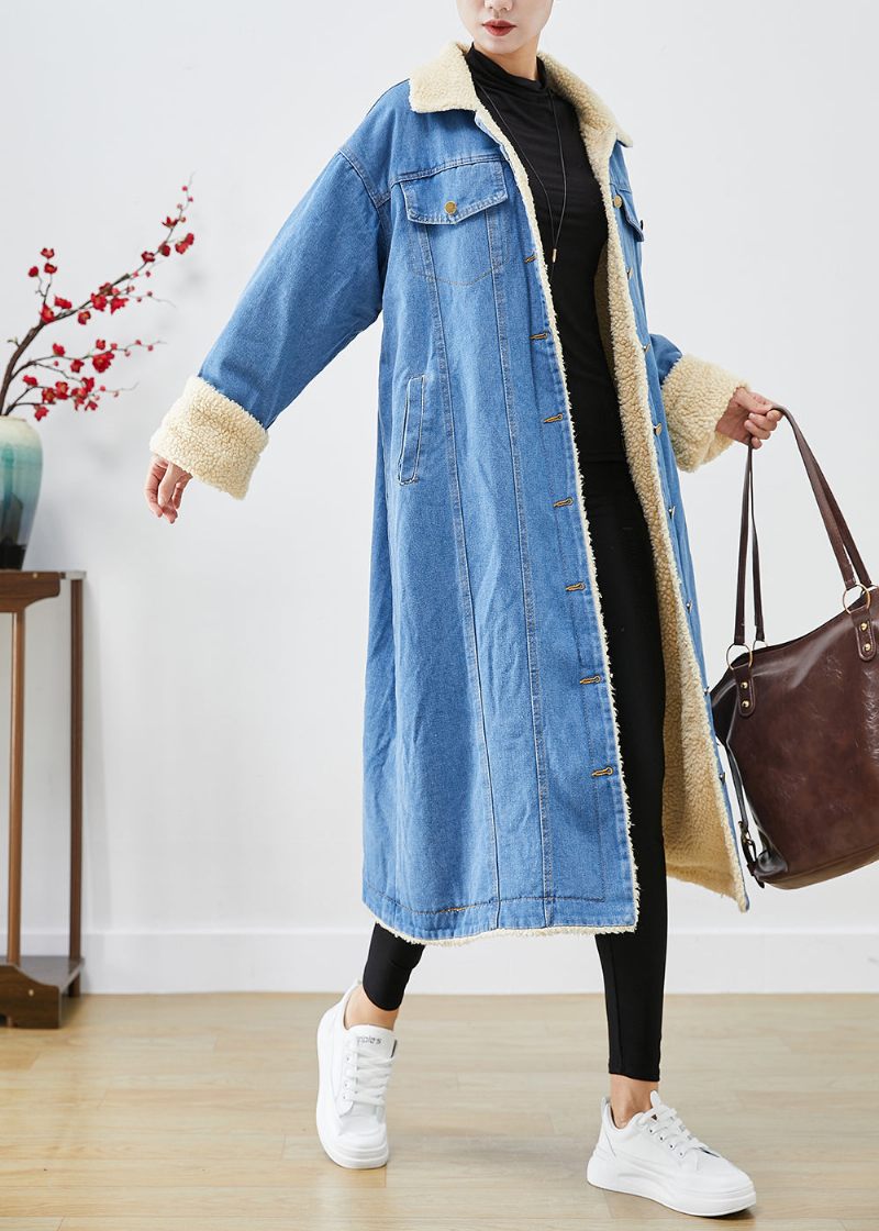 Bohemian Blue Oversized Tjock Fleece Ull Fodrad Denim Trench Coats Vinter - Ullrockar för kvinnor