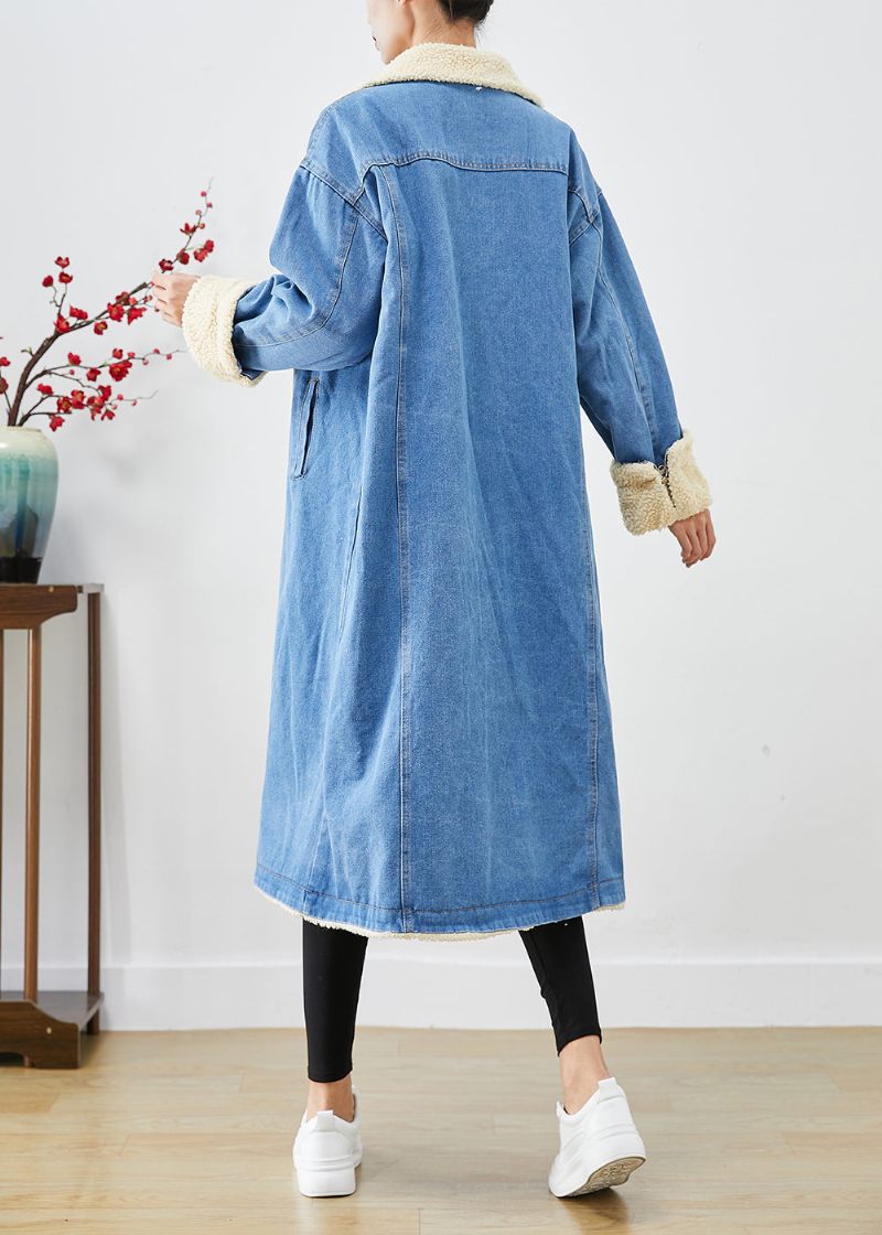 Bohemian Blue Oversized Tjock Fleece Ull Fodrad Denim Trench Coats Vinter - Ullrockar för kvinnor