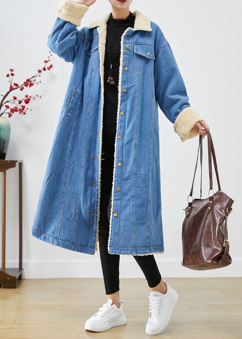 Bohemian Blue Oversized Tjock Fleece Ull Fodrad Denim Trench Coats Vinter