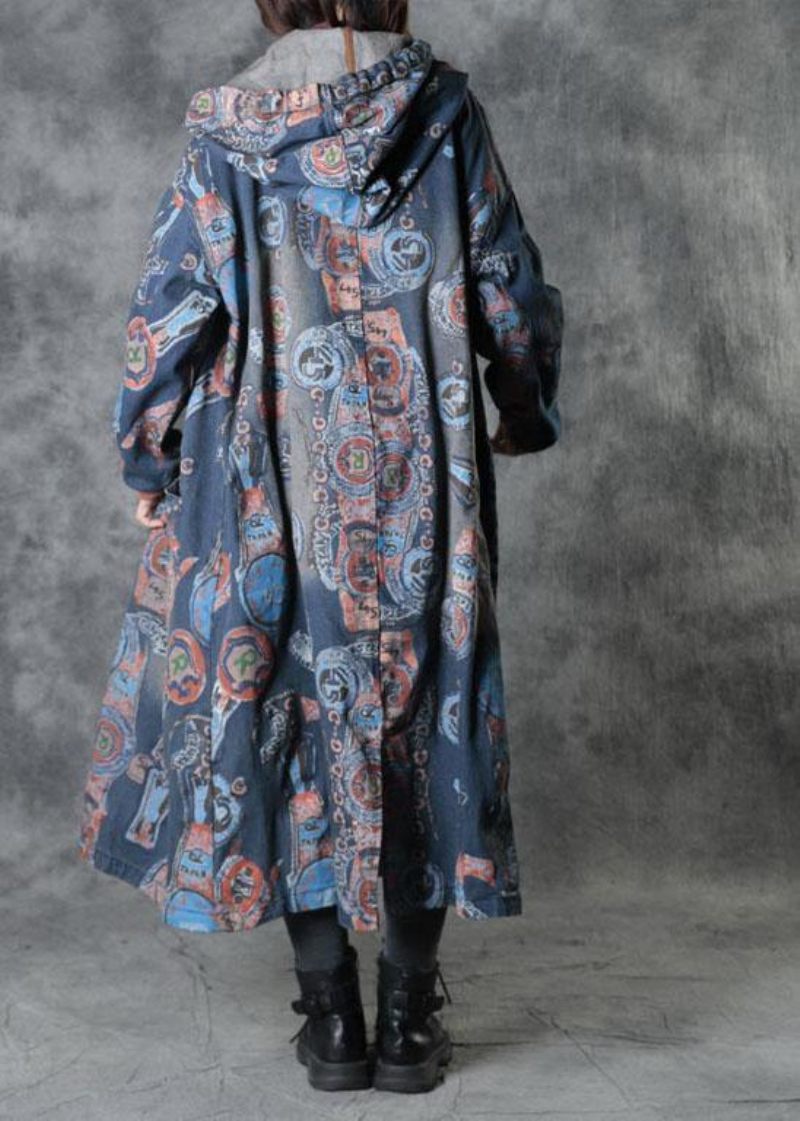 Bohemian Blue Pockets Fall Button Hoodies Outwear Långärmad - Trenchcoats för kvinnor