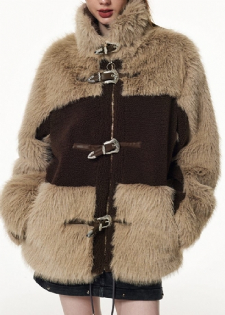 Bohemian Brown Choklad Stativ Krage Patchwork Dragkedja Knapp Faux Fur Coats Vinter