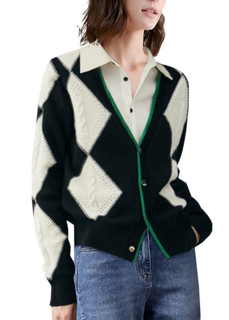 Bohemian Colorblock V Neck Patchwork Rutig Ull Stickad Cardigan Vinter - Koftor för kvinnor