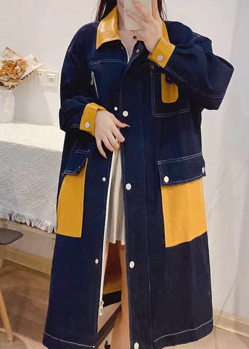 Bohemian Denim Blå Peter Pan Krage Patchwork Knapp Med Dragkedja Linne Långa Trenchcoats Höst - Trenchcoats för kvinnor