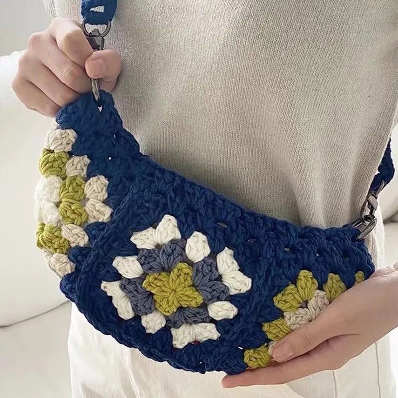 Bohemian Granny Square Crossbody-väskor För Kvinnor Designervirkade Axelväskor Stickade Hobos Messenger Bag Små Telefonväskor - Blå