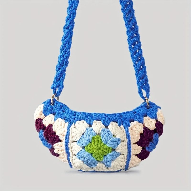 Bohemian Granny Square Crossbody-väskor För Kvinnor Designervirkade Axelväskor Stickade Hobos Messenger Bag Små Telefonväskor - Blå