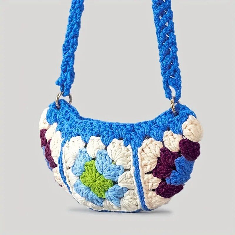 Bohemian Granny Square Crossbody-väskor För Kvinnor Designervirkade Axelväskor Stickade Hobos Messenger Bag Små Telefonväskor - Blå