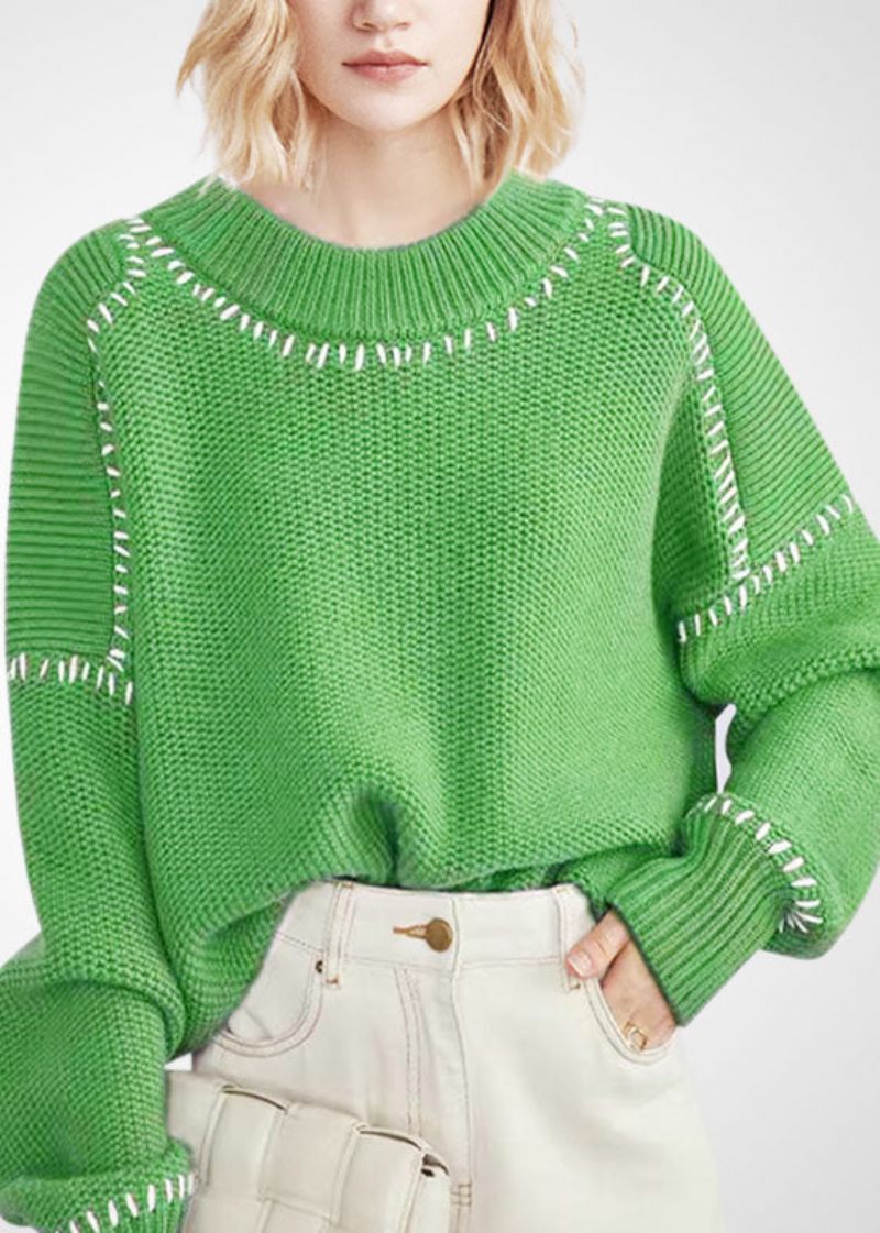 Bohemian Green O-neck Oversized Tjock Ull Kort Tröja Vinter