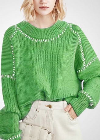 Bohemian Green O-neck Oversized Tjock Ull Kort Tröja Vinter