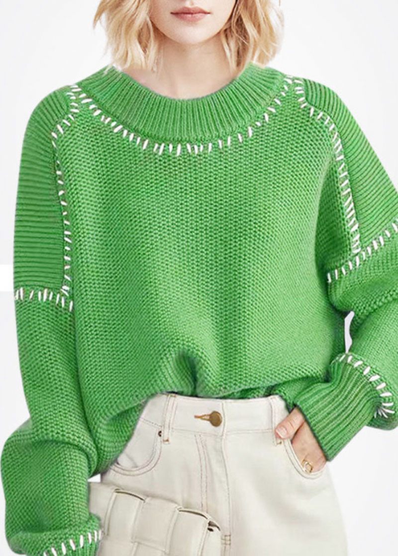 Bohemian Green O-neck Oversized Tjock Ull Kort Tröja Vinter - Ullrockar för kvinnor