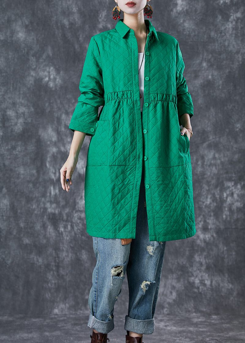 Bohemian Green Peter Pan Krage Pläd Bomull Coat Fall - Trenchcoats för kvinnor