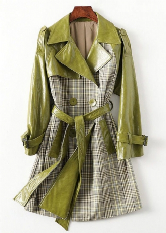 Bohemian Green Peter Pan Krage Randig Patchwork Tie Midja Knappfickor Läder Trench Coats Långärmad