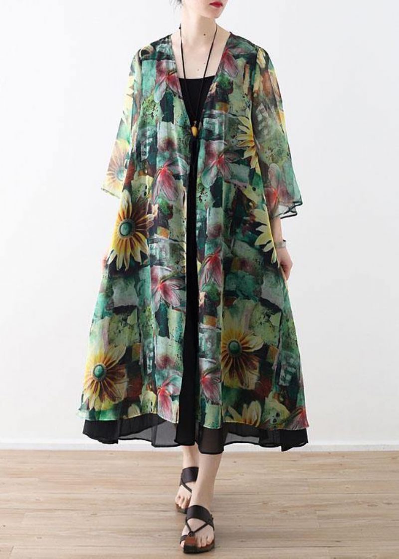 Bohemian Green Print Long Sleeve Chiffong Cardigan