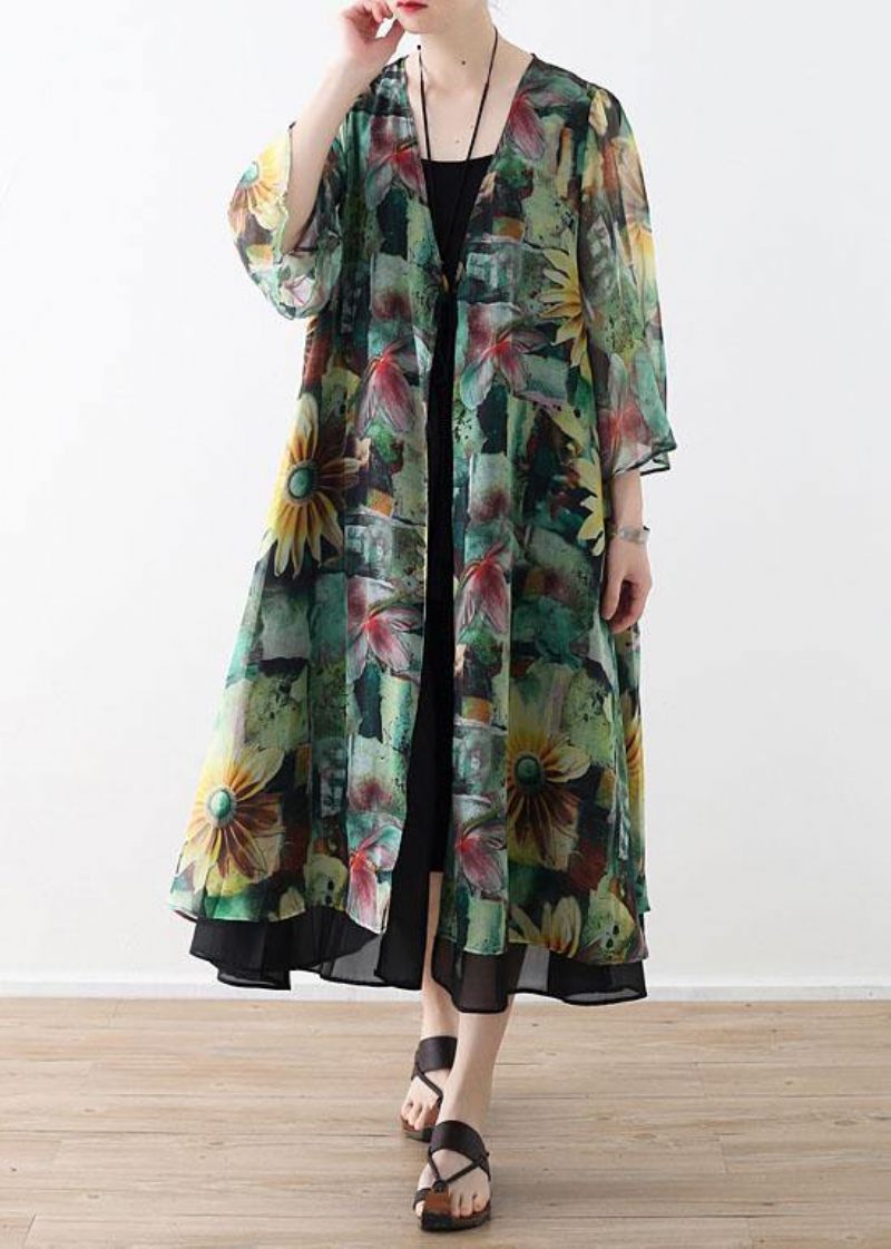 Bohemian Green Print Long Sleeve Chiffong Cardigan - Koftor för kvinnor