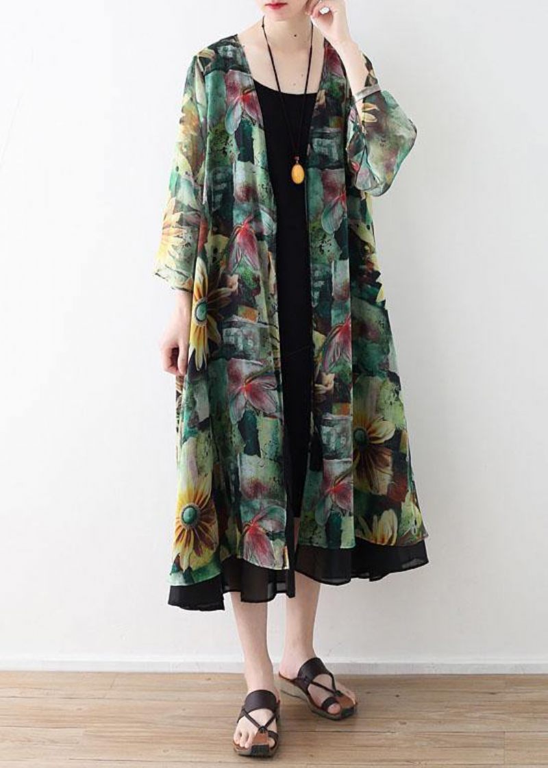 Bohemian Green Print Long Sleeve Chiffong Cardigan - Koftor för kvinnor