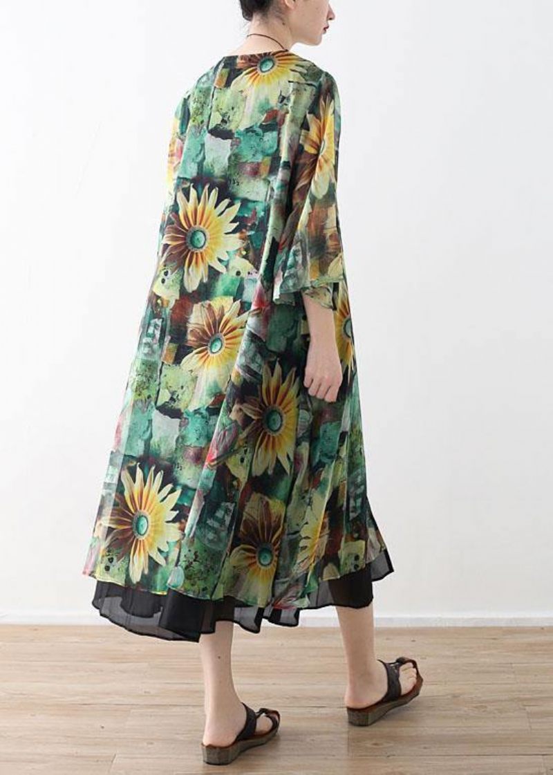 Bohemian Green Print Long Sleeve Chiffong Cardigan - Koftor för kvinnor