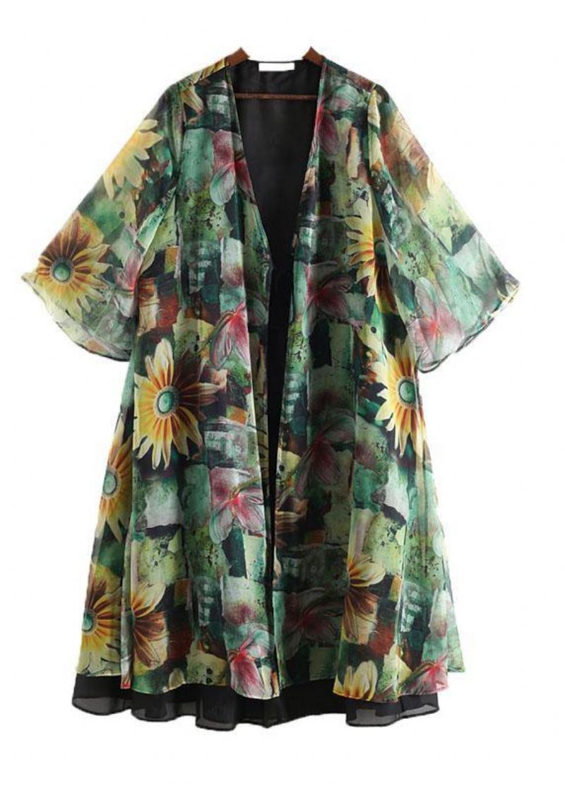 Bohemian Green Print Long Sleeve Chiffong Cardigan - Koftor för kvinnor