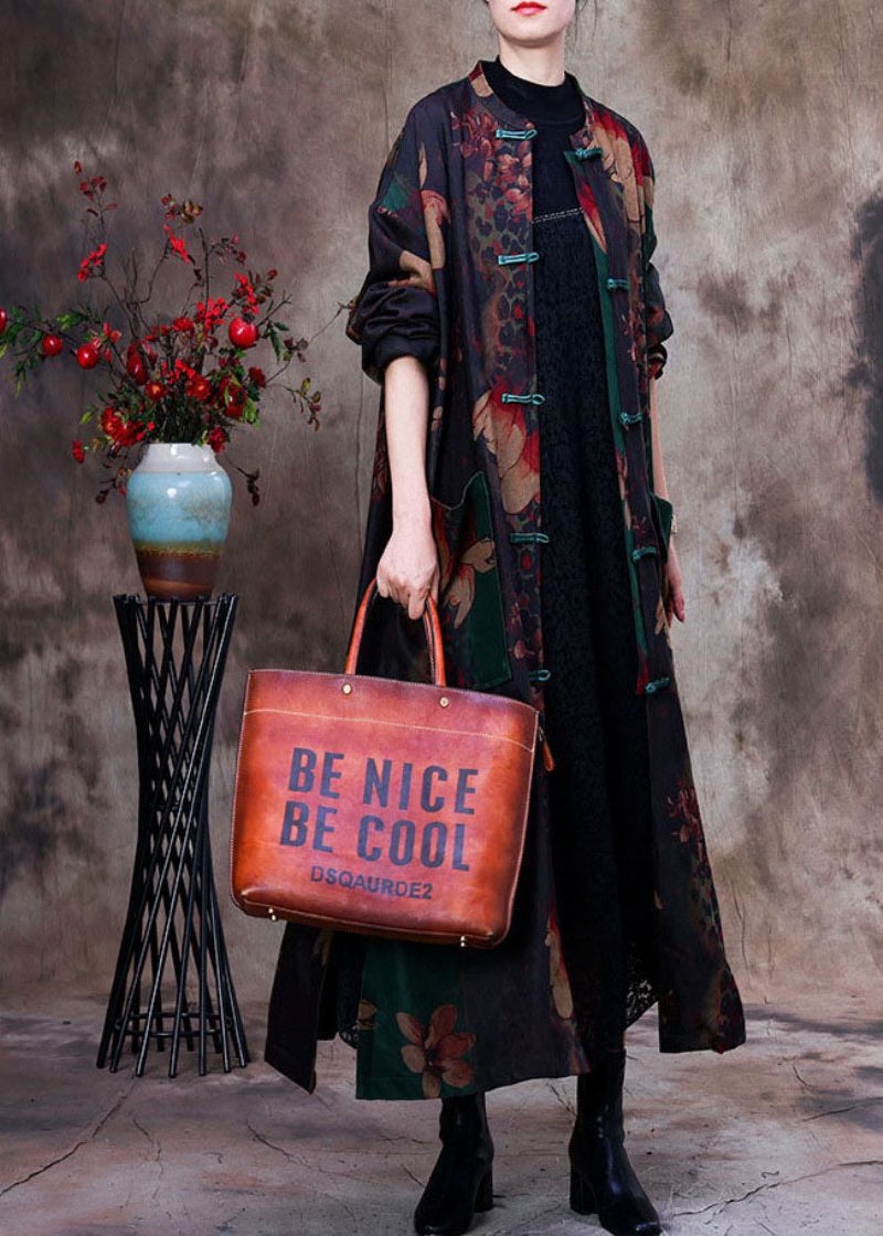 Bohemian Green Print Patchwork Side Open Oriental Button Trench Coat Långärmad Bomull