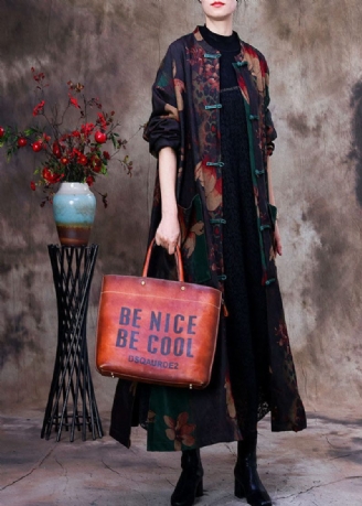 Bohemian Green Print Patchwork Side Open Oriental Button Trench Coat Långärmad Bomull