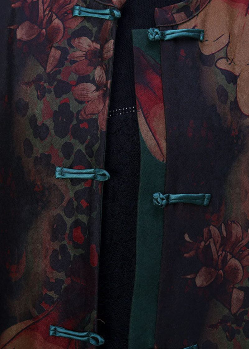 Bohemian Green Print Patchwork Side Open Oriental Button Trench Coat Långärmad Bomull - Trenchcoats för kvinnor