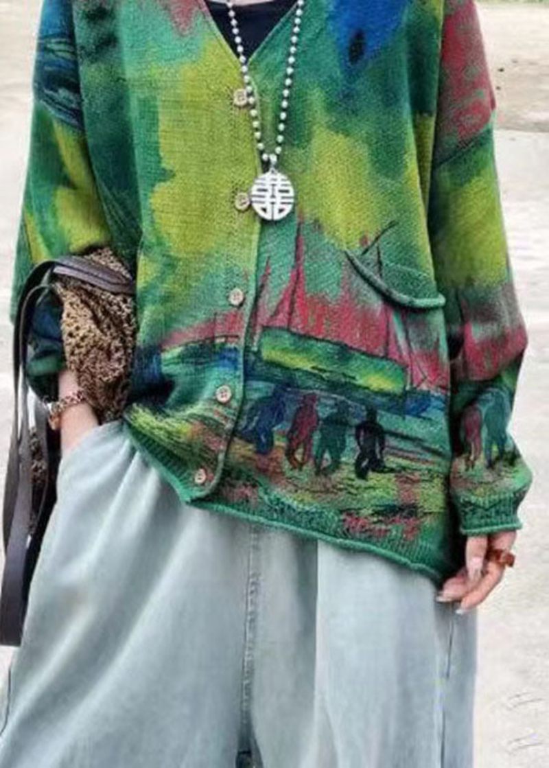 Bohemian Green V-halstryck Fickor Stickade Cardigans Långärmade - Koftor för kvinnor