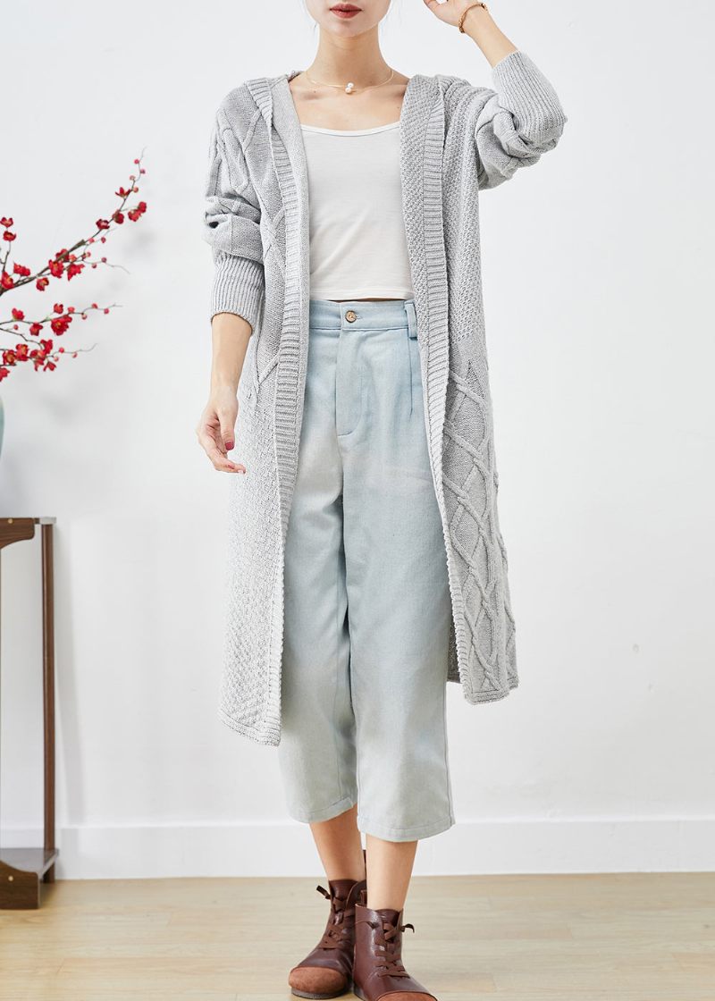 Bohemian Grey Hooded Oversized Stickad Long Cardigans Fall