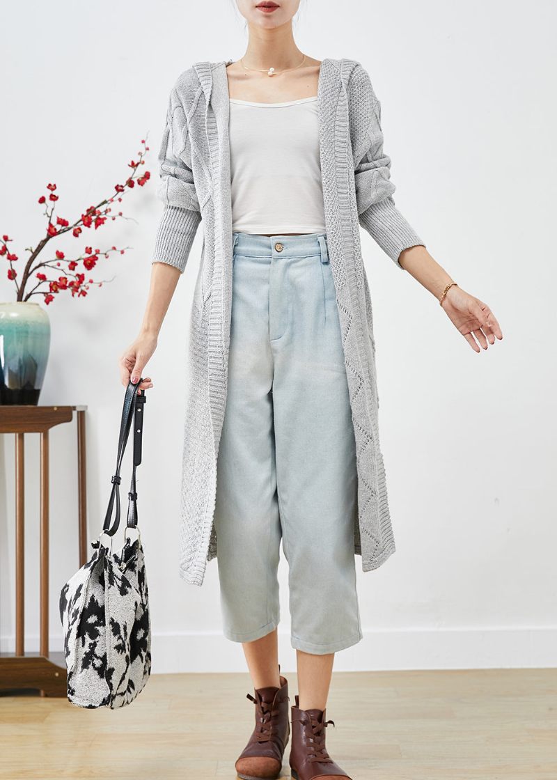 Bohemian Grey Hooded Oversized Stickad Long Cardigans Fall - Koftor för kvinnor