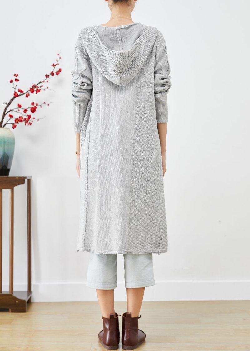 Bohemian Grey Hooded Oversized Stickad Long Cardigans Fall - Koftor för kvinnor