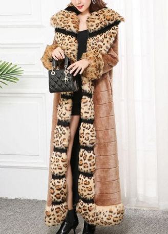 Bohemian Khaki Fox Krage Patchwork Leopard Faux Fur Coat Vinter