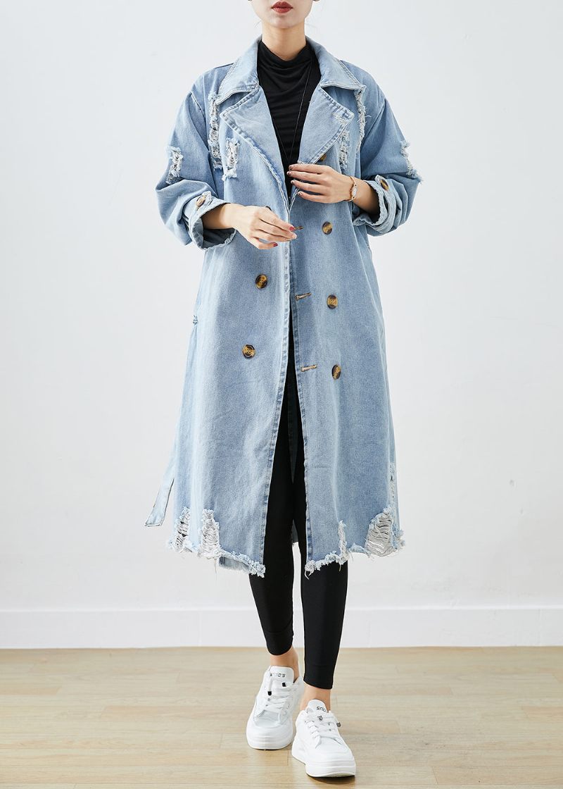 Bohemian Light Blue Lapel Double Breast Denim Ripped Coats Fall - Trenchcoats för kvinnor