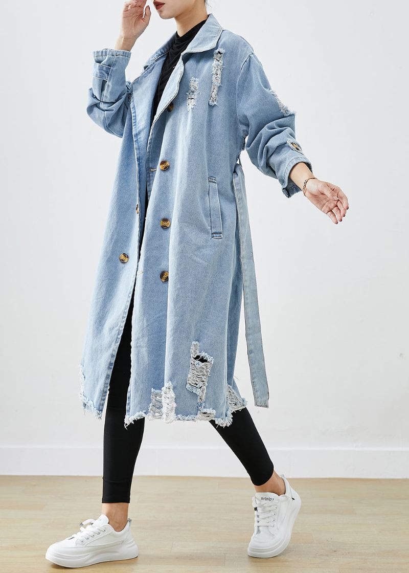 Bohemian Light Blue Lapel Double Breast Denim Ripped Coats Fall - Trenchcoats för kvinnor