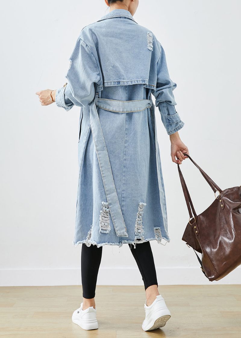 Bohemian Light Blue Lapel Double Breast Denim Ripped Coats Fall - Trenchcoats för kvinnor