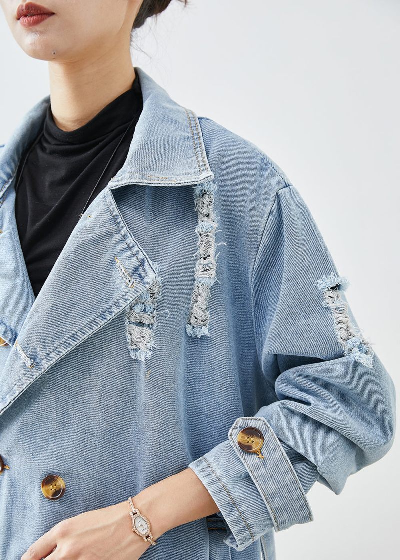 Bohemian Light Blue Lapel Double Breast Denim Ripped Coats Fall - Trenchcoats för kvinnor