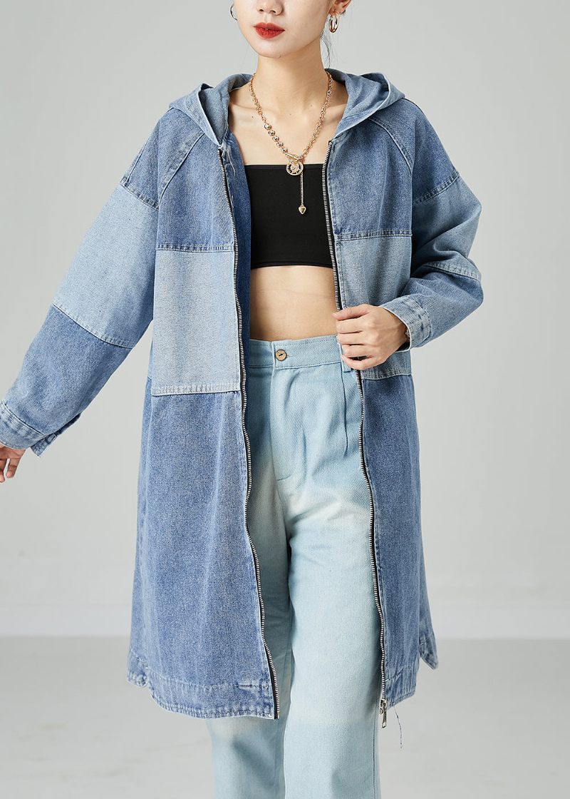 Bohemian Light Blue Oversized Patchwork Cotton Denim Coat Spring