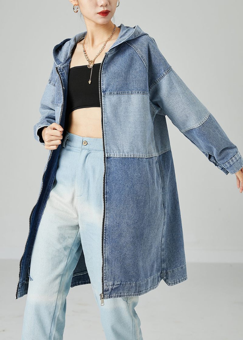 Bohemian Light Blue Oversized Patchwork Cotton Denim Coat Spring - Trenchcoats för kvinnor