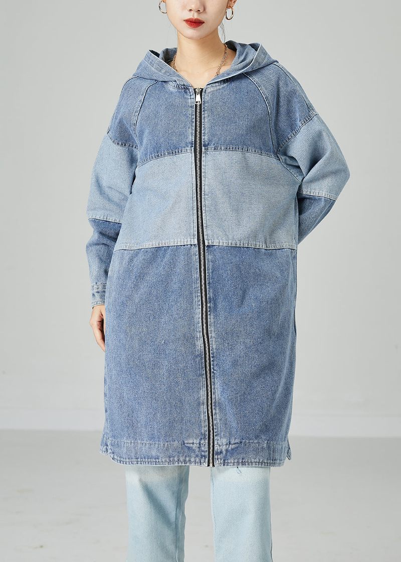 Bohemian Light Blue Oversized Patchwork Cotton Denim Coat Spring - Trenchcoats för kvinnor