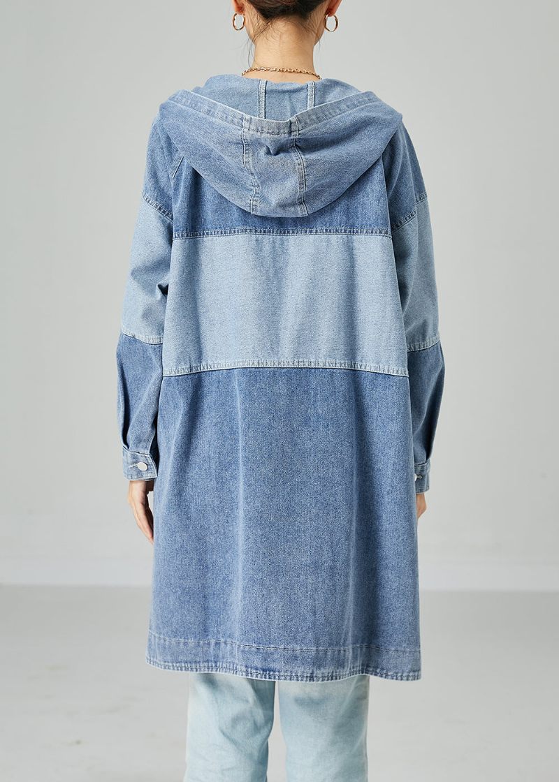 Bohemian Light Blue Oversized Patchwork Cotton Denim Coat Spring - Trenchcoats för kvinnor