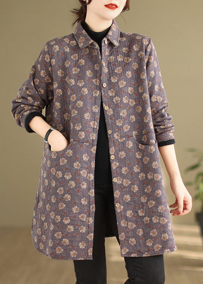 Bohemian Lila Peter Pan Krage Fickor Print Varm Fleece Coat Winter