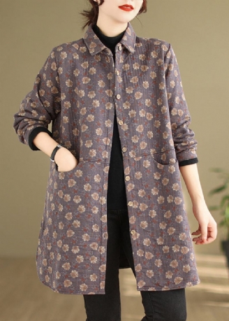 Bohemian Lila Peter Pan Krage Fickor Print Varm Fleece Coat Winter