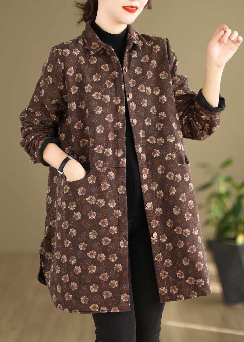 Bohemian Lila Peter Pan Krage Fickor Print Varm Fleece Coat Winter - Dunjackor för kvinnor