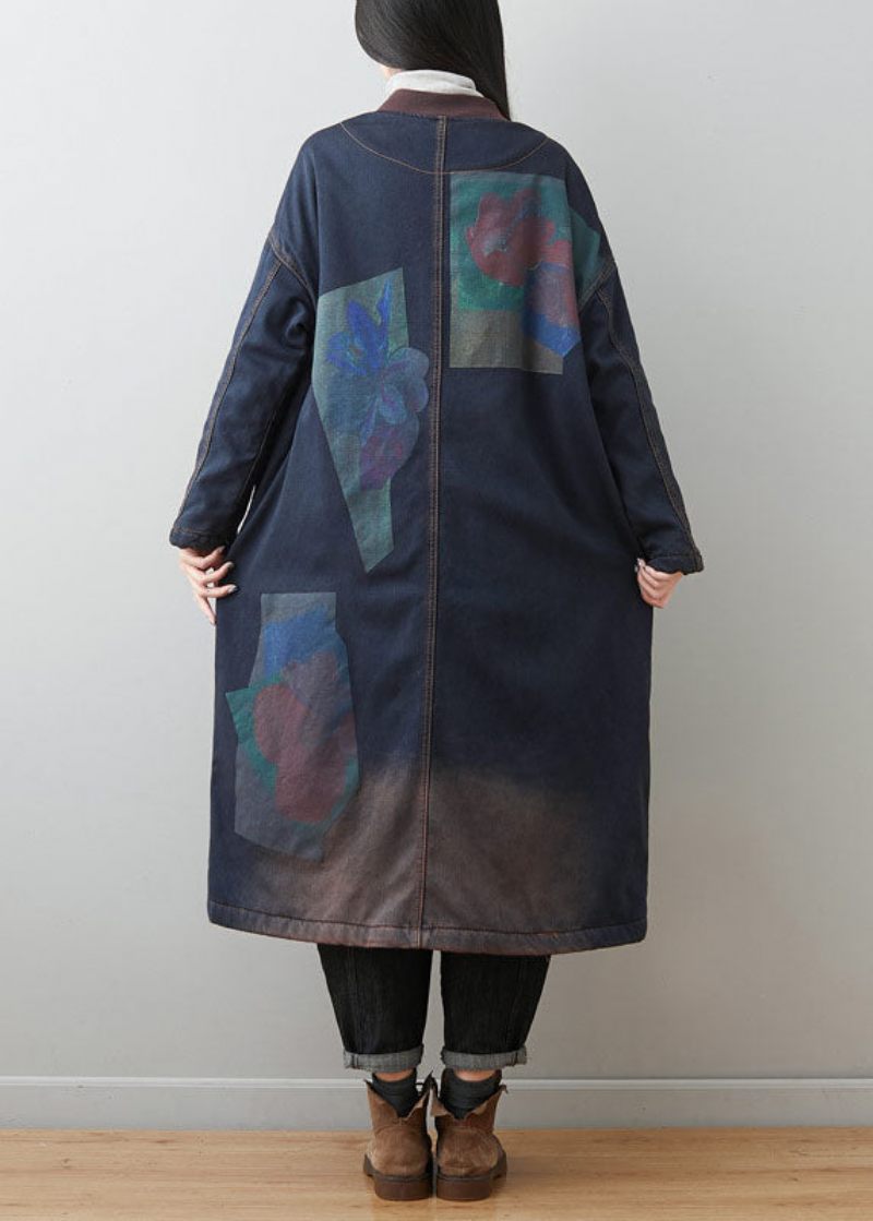 Bohemian Mörkblå Patchwork Fickor Tryck Varm Fleece Ytterkläder Vinter - Vinterkappor för kvinnor