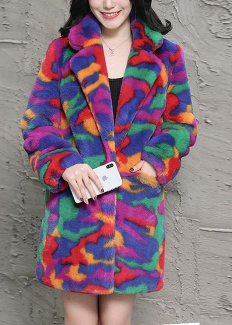 Bohemian Multicolor Oversized Tie Dye Fuskpälsjackor Vinter