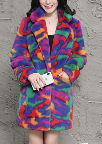 Bohemian Multicolor Oversized Tie Dye Fuskpälsjackor Vinter