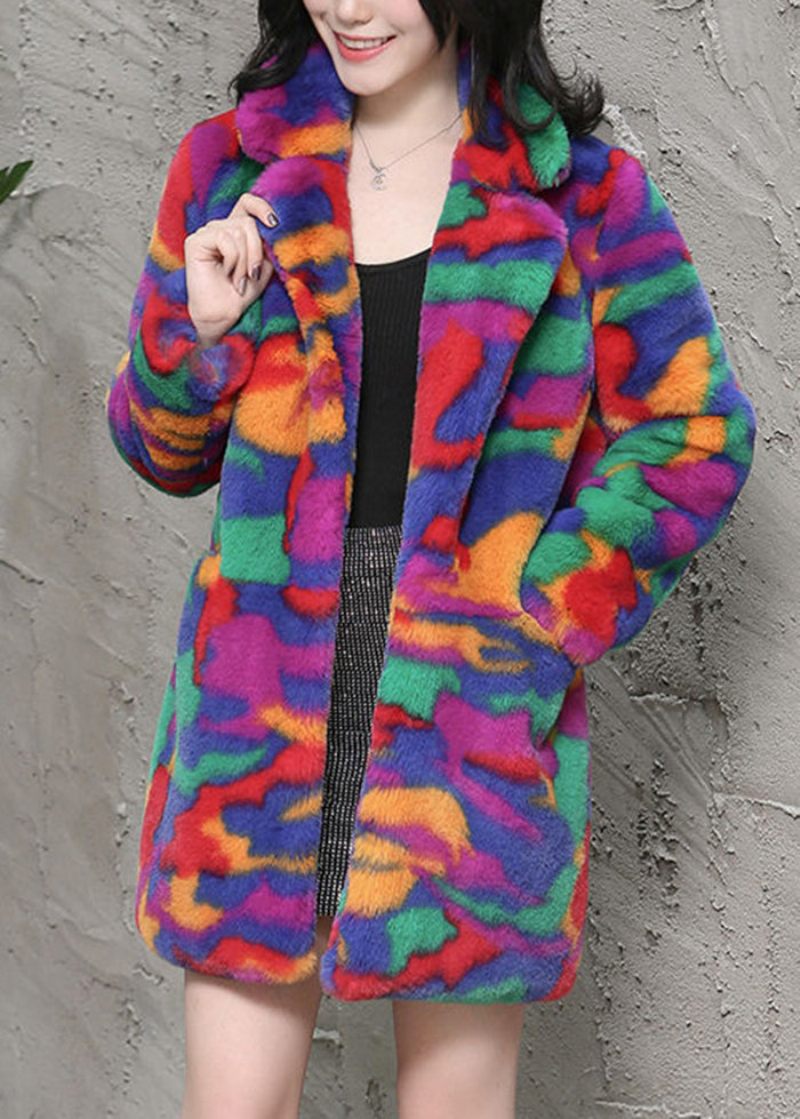 Bohemian Multicolor Oversized Tie Dye Fuskpälsjackor Vinter - Vinterkappor för kvinnor