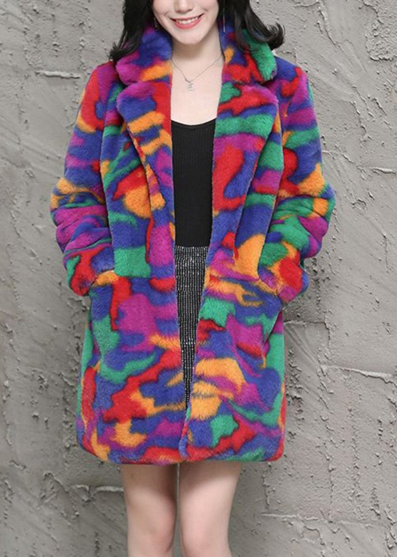 Bohemian Multicolor Oversized Tie Dye Fuskpälsjackor Vinter - Vinterkappor för kvinnor