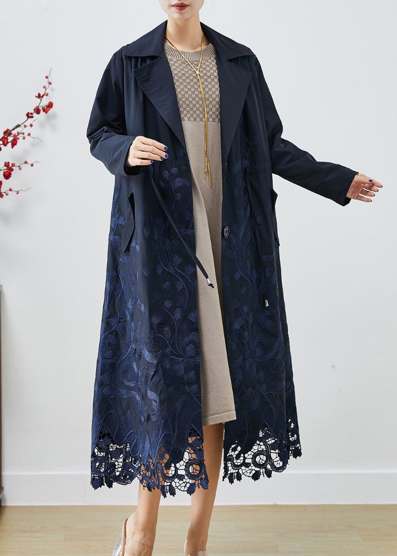 Bohemian Navy Broderad Tie Midja Spandex Trench Coats Höst