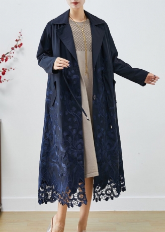 Bohemian Navy Broderad Tie Midja Spandex Trench Coats Höst