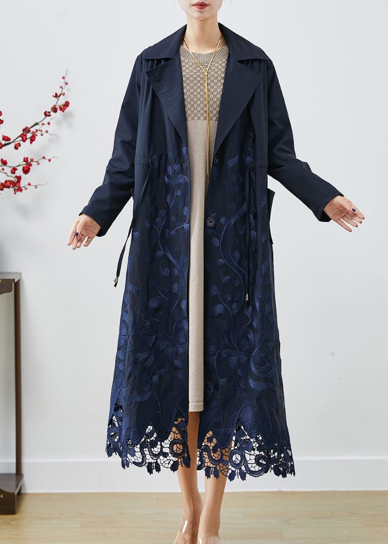 Bohemian Navy Broderad Tie Midja Spandex Trench Coats Höst - Trenchcoats för kvinnor