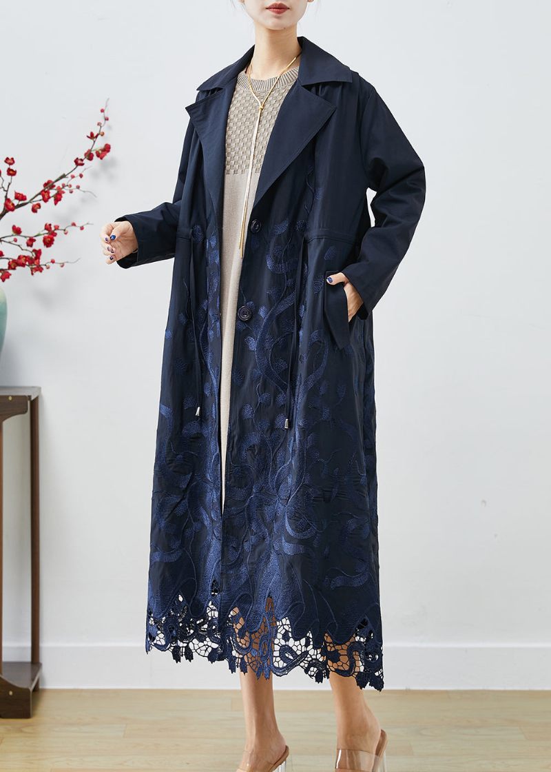 Bohemian Navy Broderad Tie Midja Spandex Trench Coats Höst - Trenchcoats för kvinnor