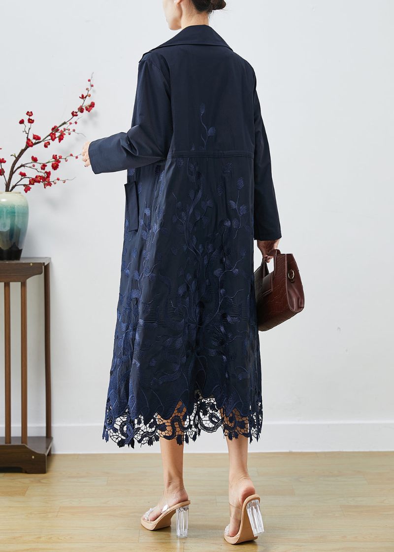 Bohemian Navy Broderad Tie Midja Spandex Trench Coats Höst - Trenchcoats för kvinnor